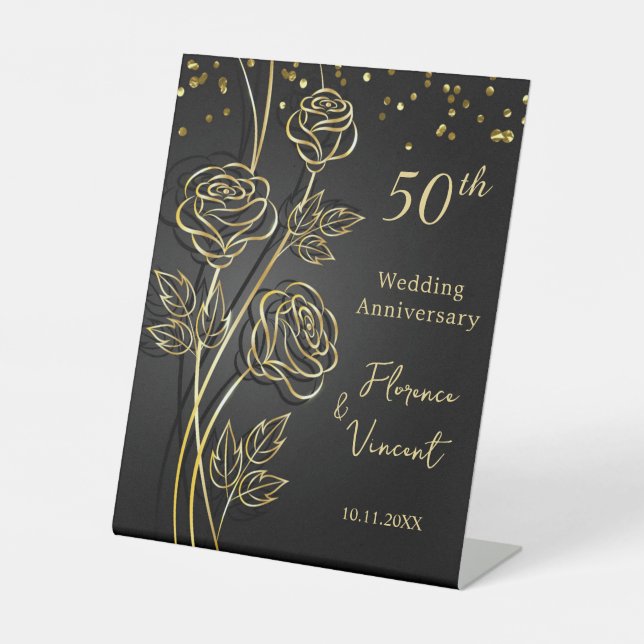 Gold Roses on Black 50th Wedding Anniversary Pedestal Sign (Front)