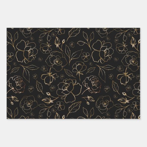 Gold roses on black Paper Flat Sheet Set of 3