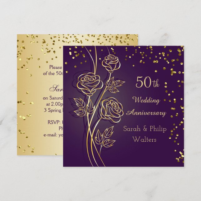 Gold roses on purple, confetti 50th Anniversary Invitation (Front/Back)
