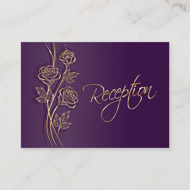 Gold roses on purple Wedding Reception Enclosure Card (Front)