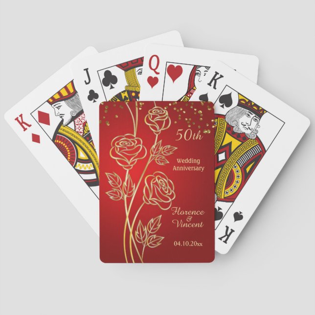 Gold roses on red 50th Anniversary Poker Cards (Back)