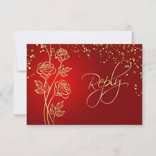 Gold roses on red confetti Wedding RSVP