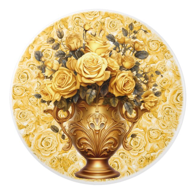 Gold Roses on Roses Ceramic Draw Pull (Front)