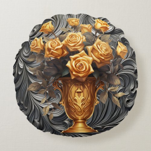 Gold Roses On Silver  Round Cotton Pillow