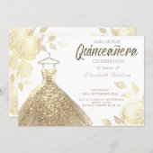 Gold roses sequins gold dress Quinceañera  Invitat Invitation (Front/Back)