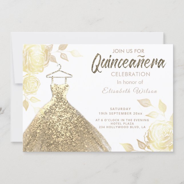 Gold roses sequins gold dress Quinceañera  Invitat Invitation (Front)