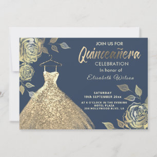 Gold roses sequins gold dress Quinceañera  Invitat Invitation