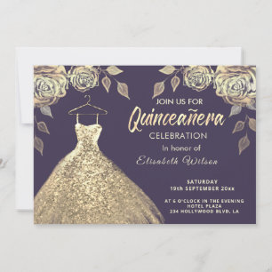 Gold roses sequins gold dress Quinceañera  Invitation