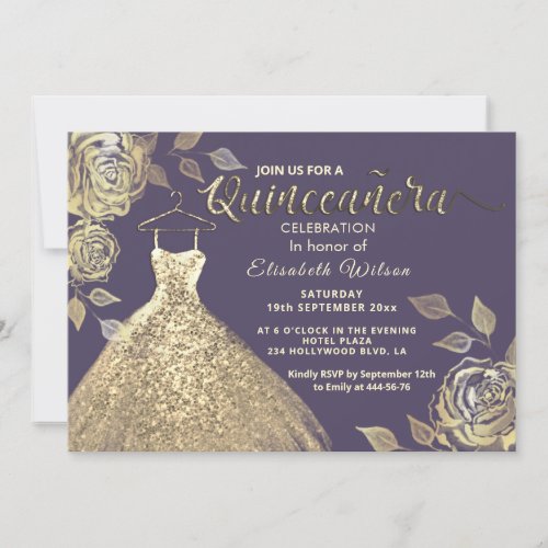 Gold roses sequins gold dress Quinceaera   Invitation