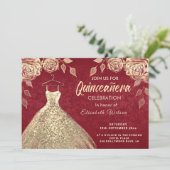 Gold roses sequins gold dress Quinceañera red Invitation (Standing Front)