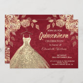 Gold roses sequins gold dress Quinceañera red Invitation (Front/Back)