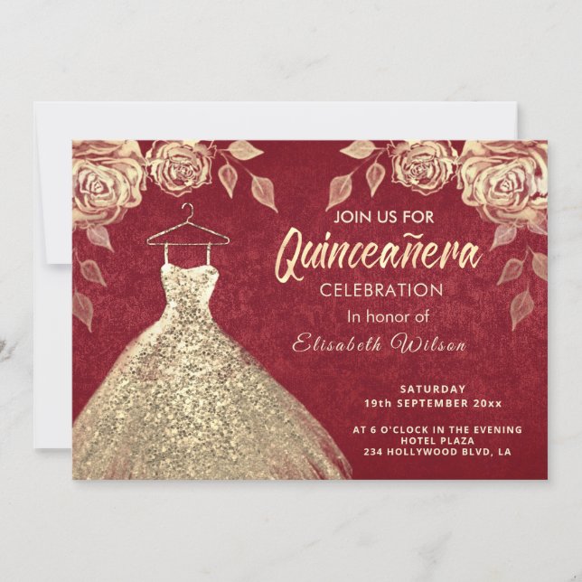 Gold roses sequins gold dress Quinceañera red Invitation (Front)
