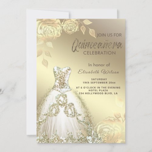 Gold roses trendy gold sequins dress Quinceaera   Invitation