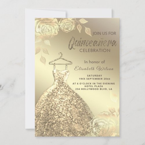 Gold roses trendy gold sequins dress Quinceaera  Invitation