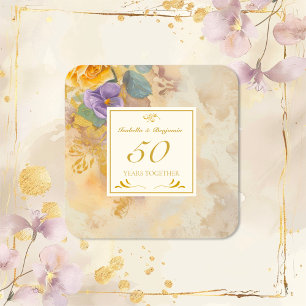 Gold Roses Violets 50th Wedding Anniversary Square Sticker