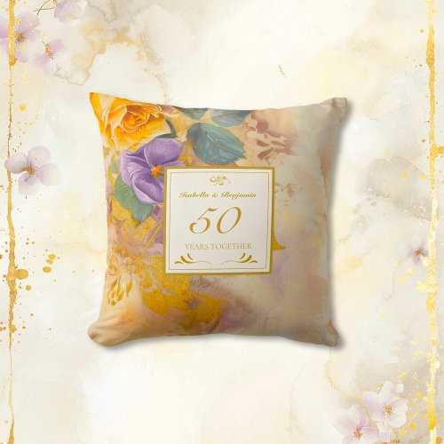 Gold Roses Violets 50th Wedding Anniversary Throw Pillow