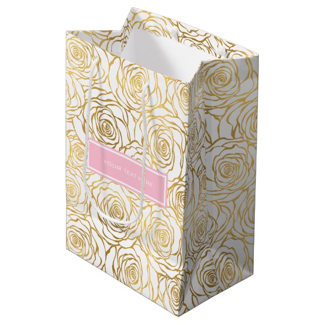 Gold Roses with Pink Medium Gift Bag (Front Angled)