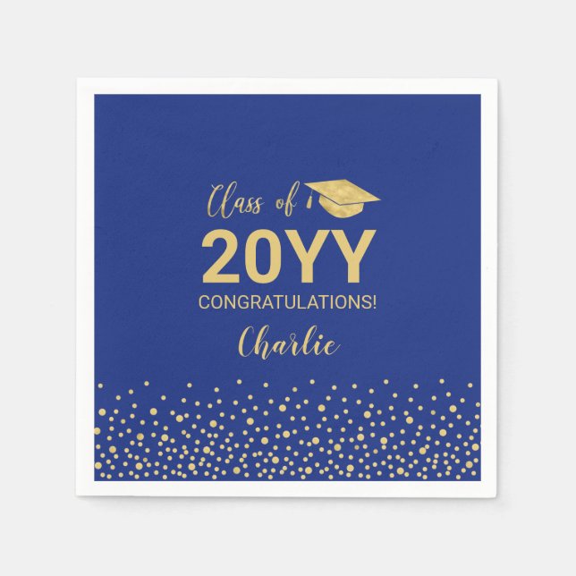 Gold Royal Blue Confetti Class of Graduation Party Napkins (Front)