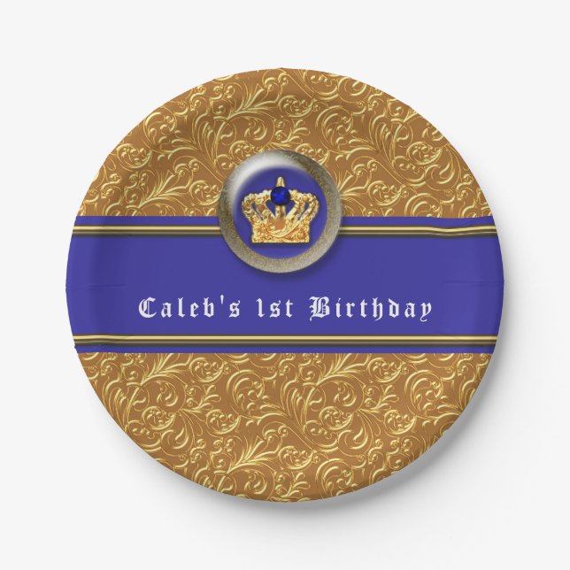 Gold & Royal Blue Crown Birthday Party Custom Paper Plates (Front)