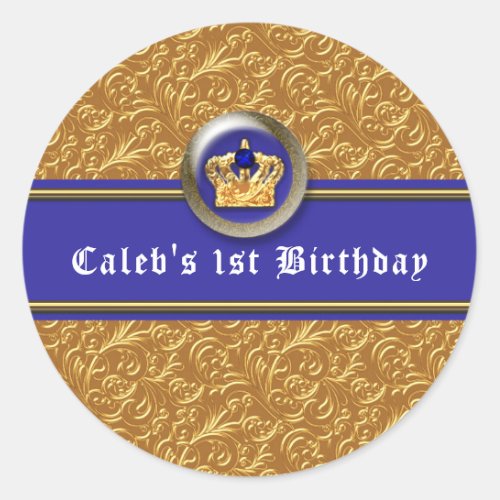 Gold  Royal Blue Crown Birthday Party Favor Classic Round Sticker