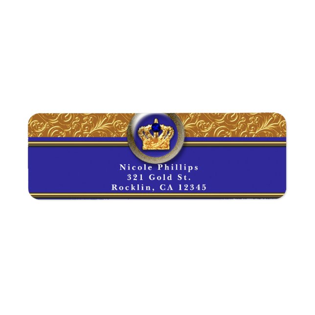 Gold & Royal Blue Crown Birthday Party Invitation Label (Front)