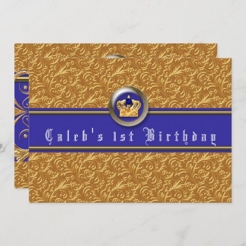 Gold  Royal Blue Crown Birthday Party Invitations