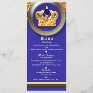 Gold & Royal Blue Crown Birthday Party Menu Card