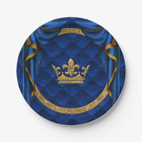 Gold  Royal Blue Crown  Drapes Birthday Party Paper Plates
