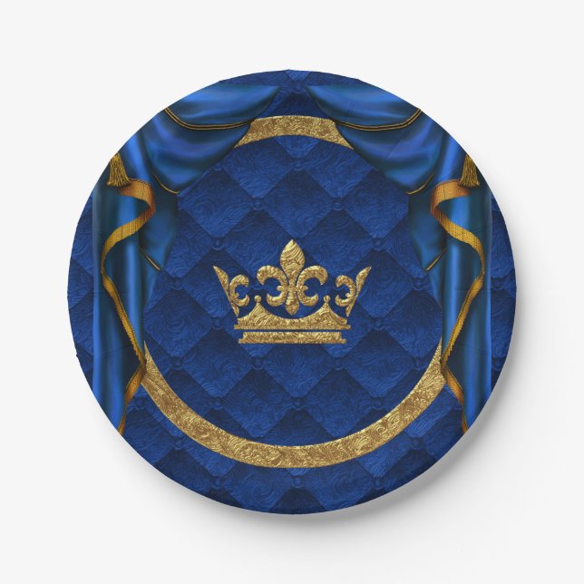 Gold & Royal Blue Crown & Drapes Birthday Party Paper Plates (Front)