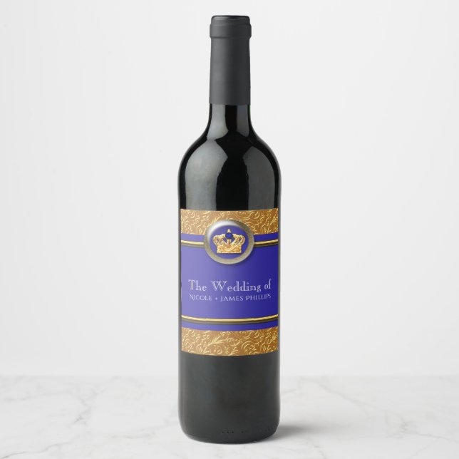 Gold & Royal Blue Crown Elegant Custom Wine Labels (Front)