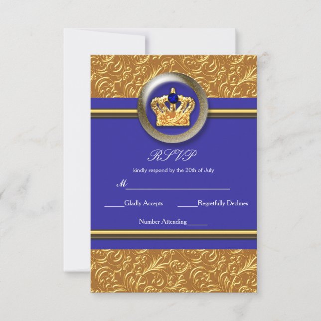 Gold & Royal Blue Crown Elegant Event RSVP Card (Front)