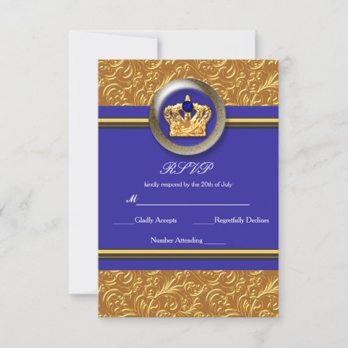 Gold  Royal Blue Crown Elegant Event RSVP Card