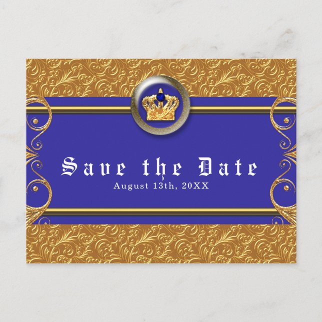 Gold & Royal Blue Crown Elegant Glam Save the Date Announcement Postcard (Front)