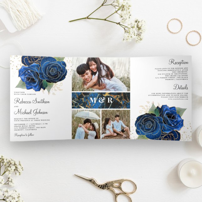 Gold Royal Blue Floral Photo Collage Wedding Tri-Fold Invitation (Creator Uploaded)