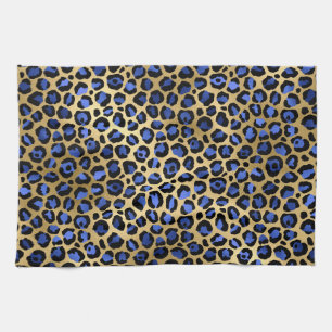 Gold & Royal Blue Glam Leopard Spots Print Kitchen Towel
