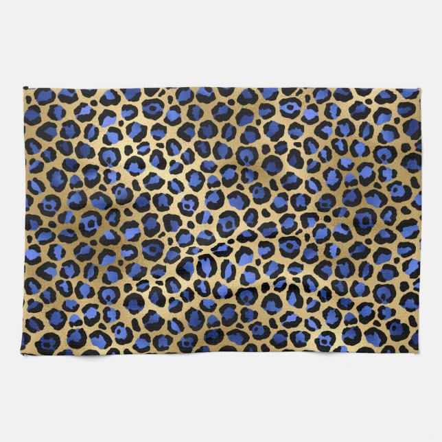 Gold & Royal Blue Glam Leopard Spots Print Kitchen Towel (Horizontal)