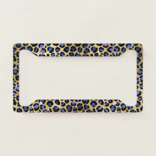 Gold & Royal Blue Glam Leopard Spots Print License Plate Frame