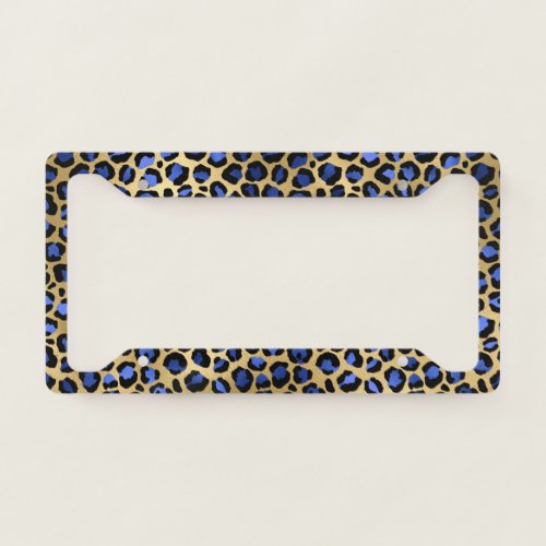 Gold  Royal Blue Glam Leopard Spots Print License Plate Frame