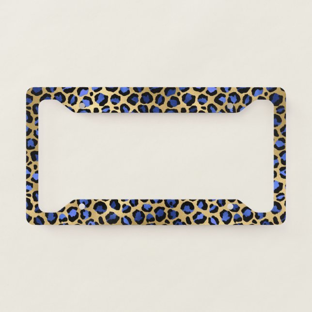 Gold & Royal Blue Glam Leopard Spots Print License Plate Frame (Front)