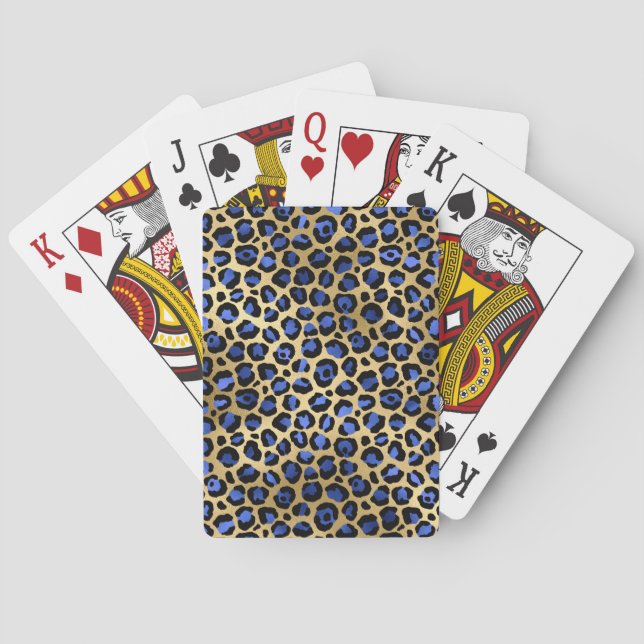 Gold & Royal Blue Glam Leopard Spots Print Poker Cards (Back)