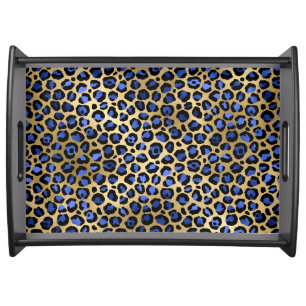 Gold & Royal Blue Glam Leopard Spots Print Serving Tray