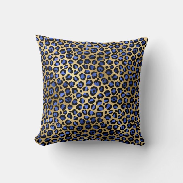 Gold & Royal Blue Glam Leopard Spots Print Throw Pillow (Front)