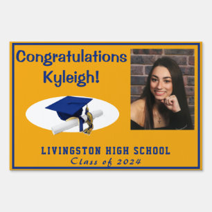 Gold & Royal Blue Graduation Photo Lawn Sign