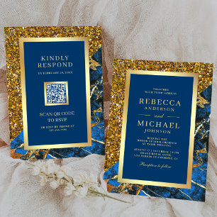 Gold Royal Blue Marble QR Code Wedding Invitation