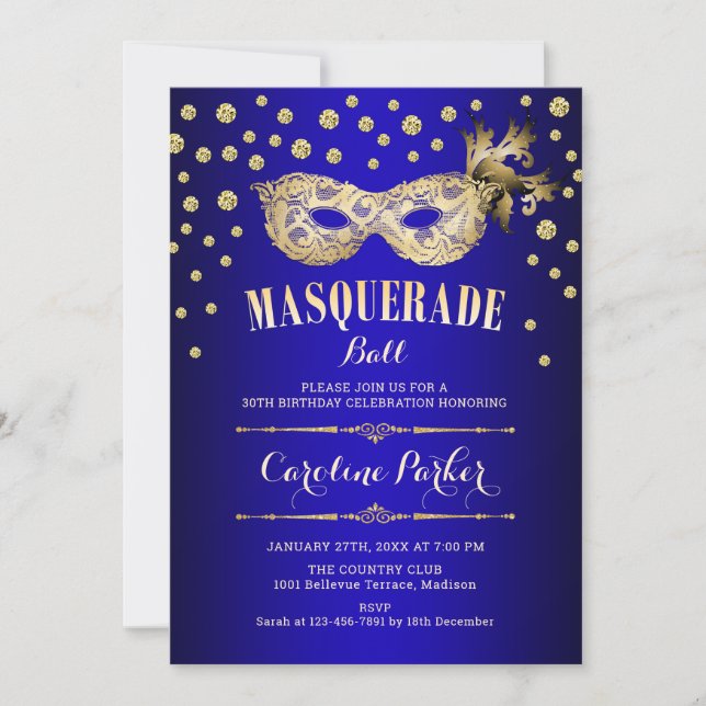 Gold Royal Blue Masquerade Ball Birthday Party Invitation (Front)