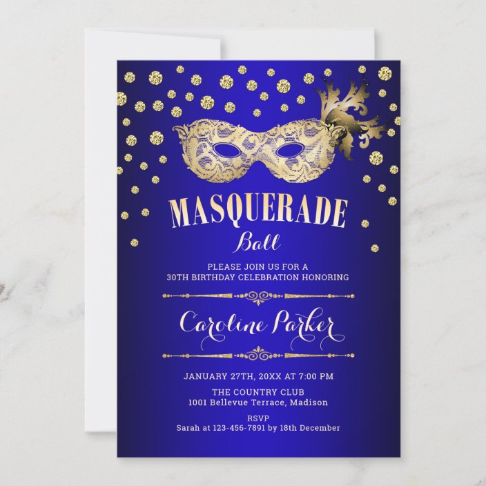 Gold Royal Blue Masquerade Ball Birthday Party Invitation Zazzle Com