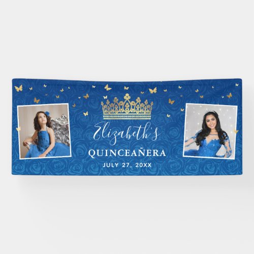 Gold Royal Blue Roses 2 Photo Birthday Quinceanera Banner