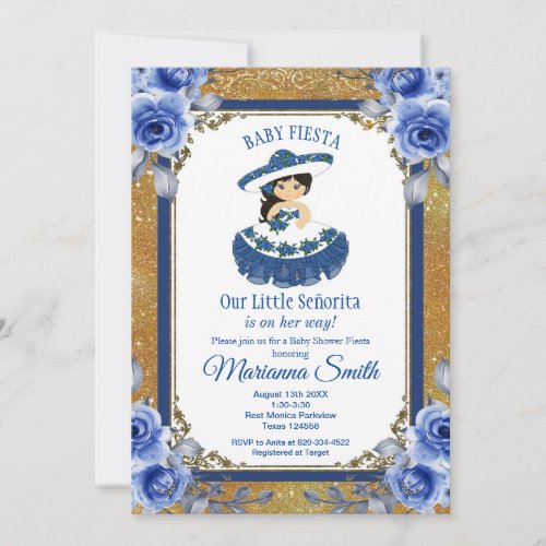 Gold Royal Blue Roses Mexican Fiesta Baby Shower  Invitation
