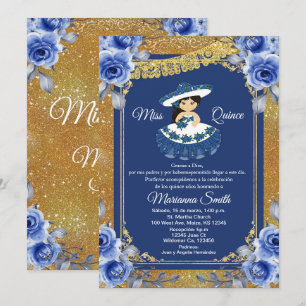 Gold Royal Blue Roses Quinceañera Invitation