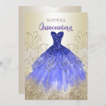 Gold Royal Blue Sparkle Dress Quinceañera Invitation